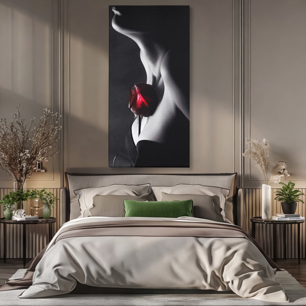 Tablou canvas cu tablou canvas cu profil de femeie si trandafir rosu, fara rama, pe sasiu de lemn, pe perete intr-un dormitor